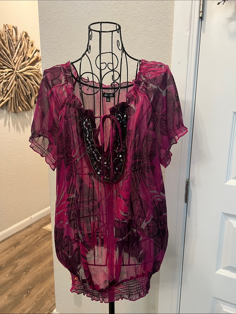 Apt. 9 Fuchsia Floral Sheer Beaded Tie-Neck Blouse